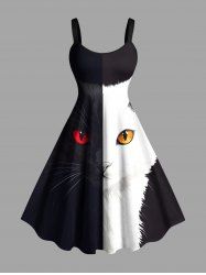 Plus Size Two Tone Cat Print A Line Tank Dress -  