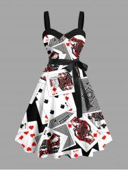Plus Size Halloween Poker Print Buttons Turn Down Collar Dress With Belt -  