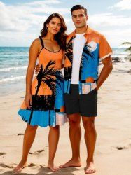 Tenue de plage hawaïenne assortie grande taille à imprimé lune et cocotiers pour couples - Orange 