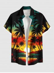 Plus Size Coconut Tree Sun Bird Seascape Cloud Print Buttons Pocket Hawaii Shirt For Men -  