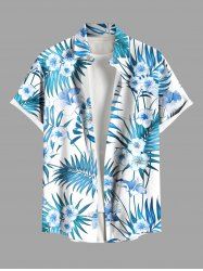 Plus Size Hibiscus Flowers Tropical Leaf Print Buttons Pocket Hawaii Shirt For Men -  