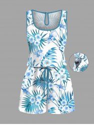 Plus Size Hibiscus Flowers Tropical Leaf Print Cinched Hawaii Romper -  