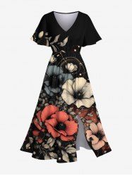 Robe mi-longue hawaïenne fendue grande taille à imprimé 3D de fleurs et de feuilles scintillantes - Noir S