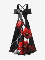 Plus Size Flower Curve Print Cold Shoulder Crisscross Strappy A Line Maxi Dress -  