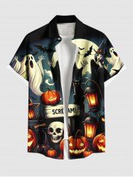 Plus Size Pumpkin Lantern Skull Wizard Ghost Bat Moon Print Halloween Button Pocket Shirt For Men -  