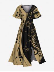 Plus Size Music Symbol Star Two Tone Lip Print Hawaii Split Pocket A Line Midi Dress -  