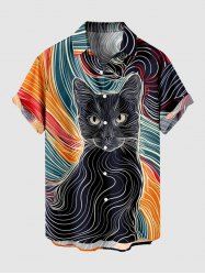 Plus Size Cat Line Fluid Print Button Pocket Shirt For Men -  