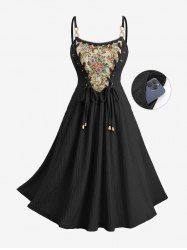 Plus Size Flowers Leaf Print Lace Up Pocket Textured Cami Dress -  
