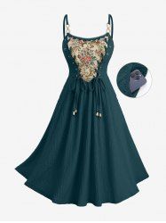 Plus Size Flowers Leaf Print Lace Up Pocket Textured Cami Dress -  