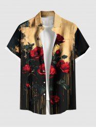 Plus Size Dark Style Rose Flower Print Button Pocket Shirt For Men -  