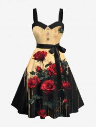 Plus Size Dark Style Rose Flower Print Button A Line Dress with Removable Belt -  
