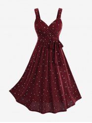 Robe débardeur en velours à col portefeuille, imprimé étoiles, froncée, avec ceinture - Rouge Vineux M
