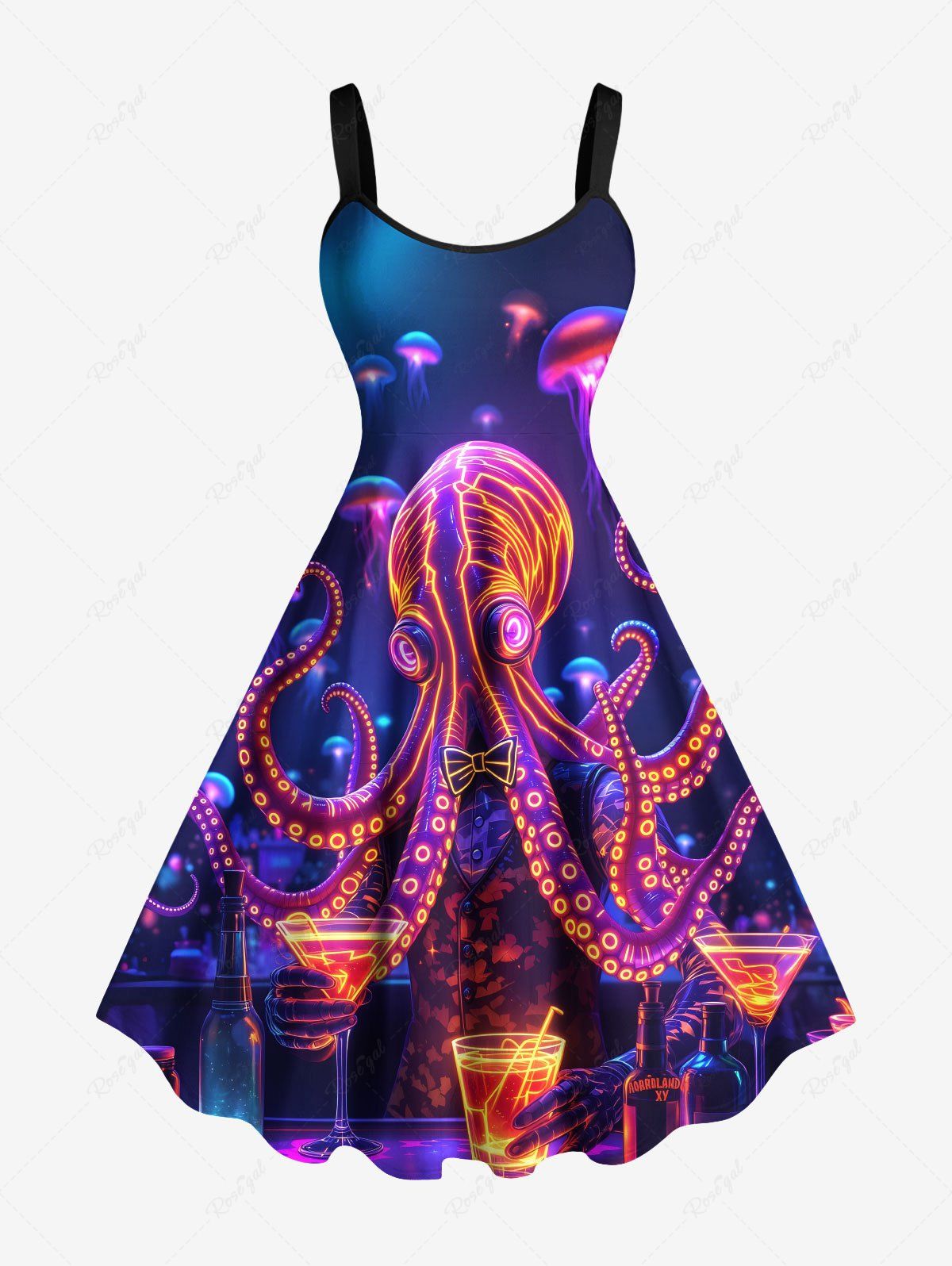 Robe débardeur trapèze hawaïenne grande taille à imprimé pieuvre et méduse pailleté Bleu XXS