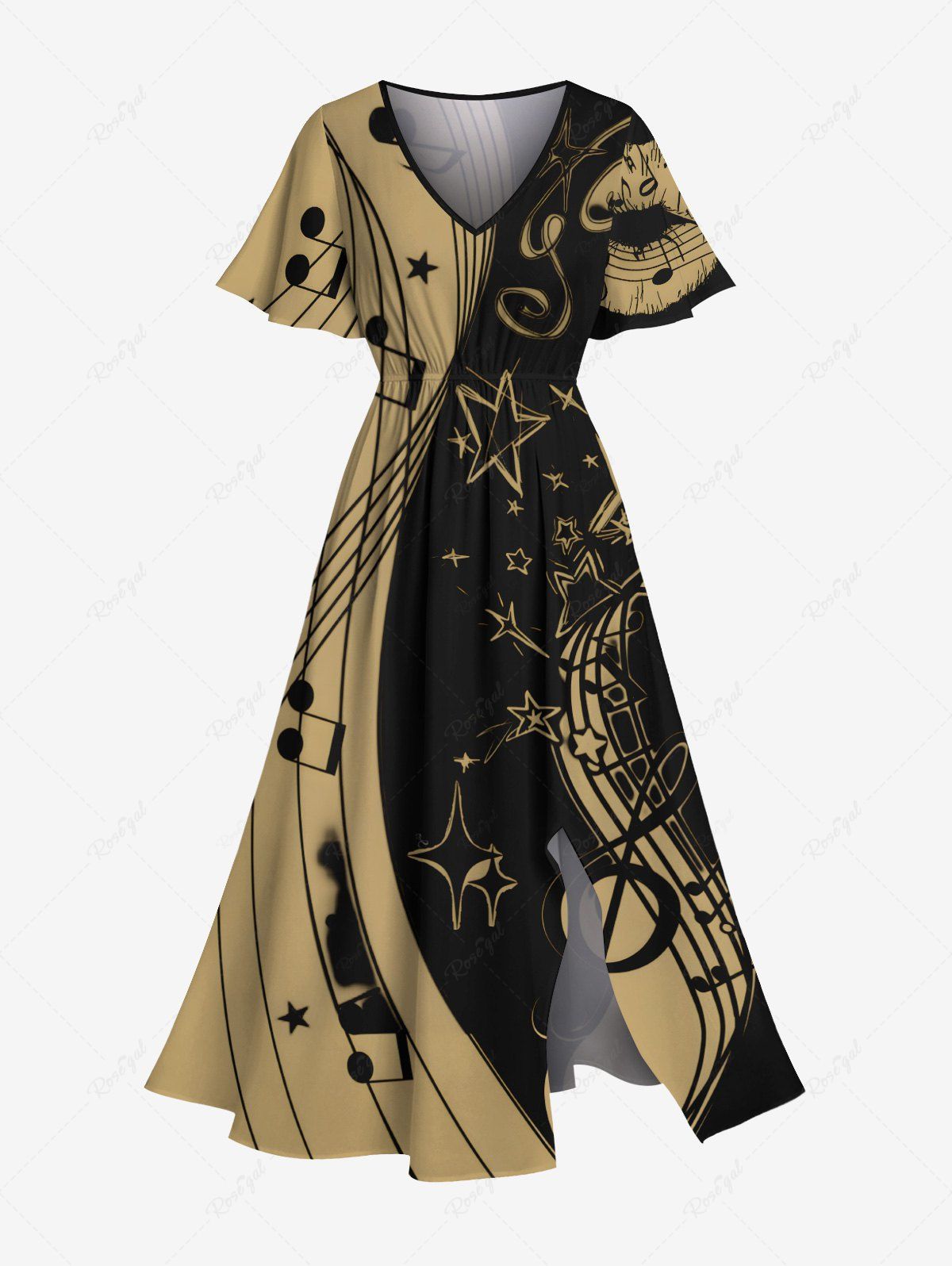 Robe mi-longue hawaïenne à imprimé lèvres bicolores et symboles musicaux, grande taille, avec poches fendues et coupe trapèze Noir XXS