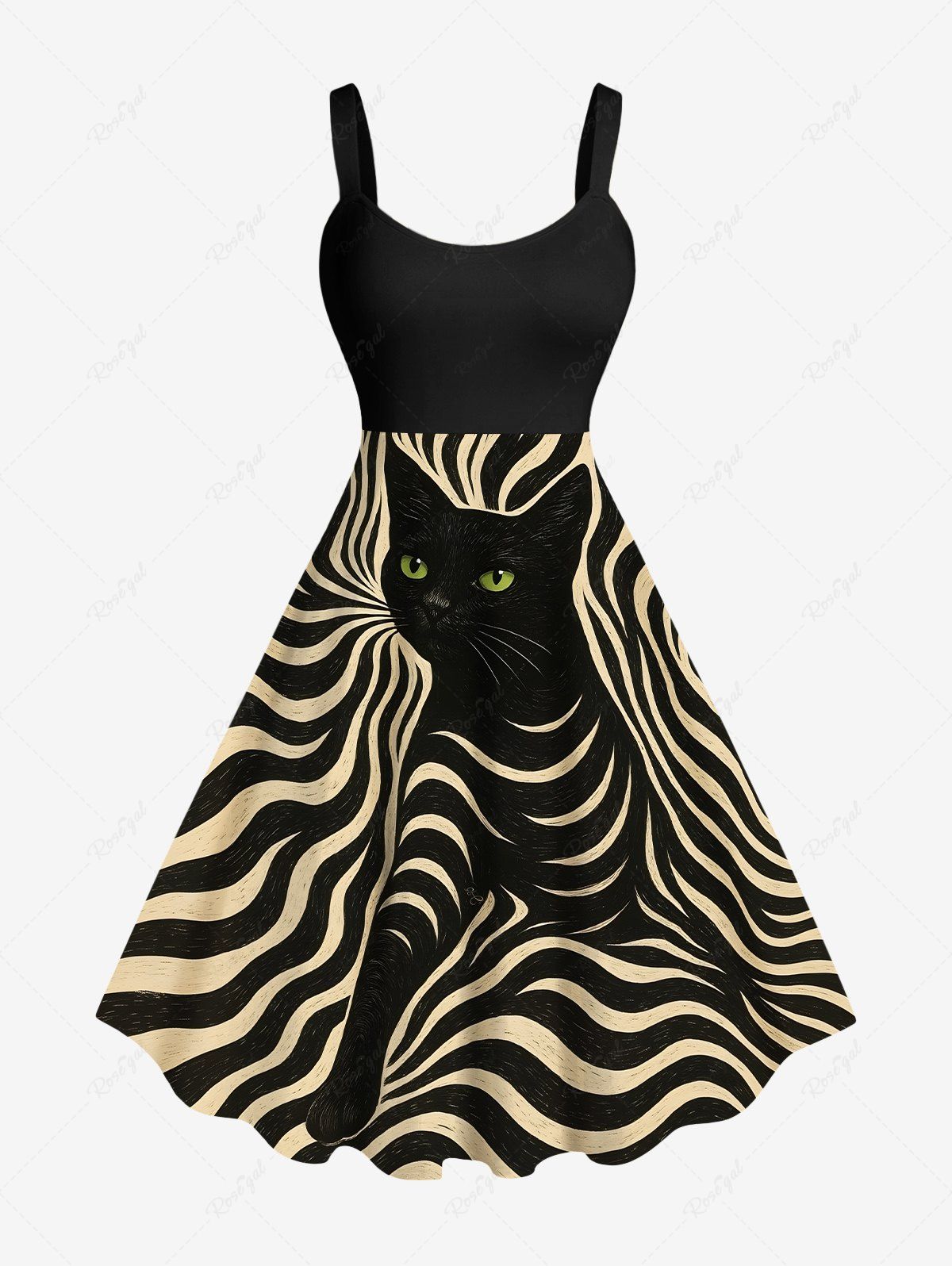 Best Plus Size Cat Wave Striped Print Halloween A Line Tank Dress  