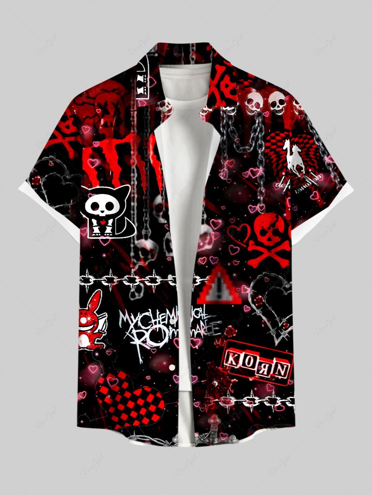Chemise grande taille à imprimé tête de mort, chaîne, chat, cœur, Halloween, boutonnée et poche pour homme Noir 6XL