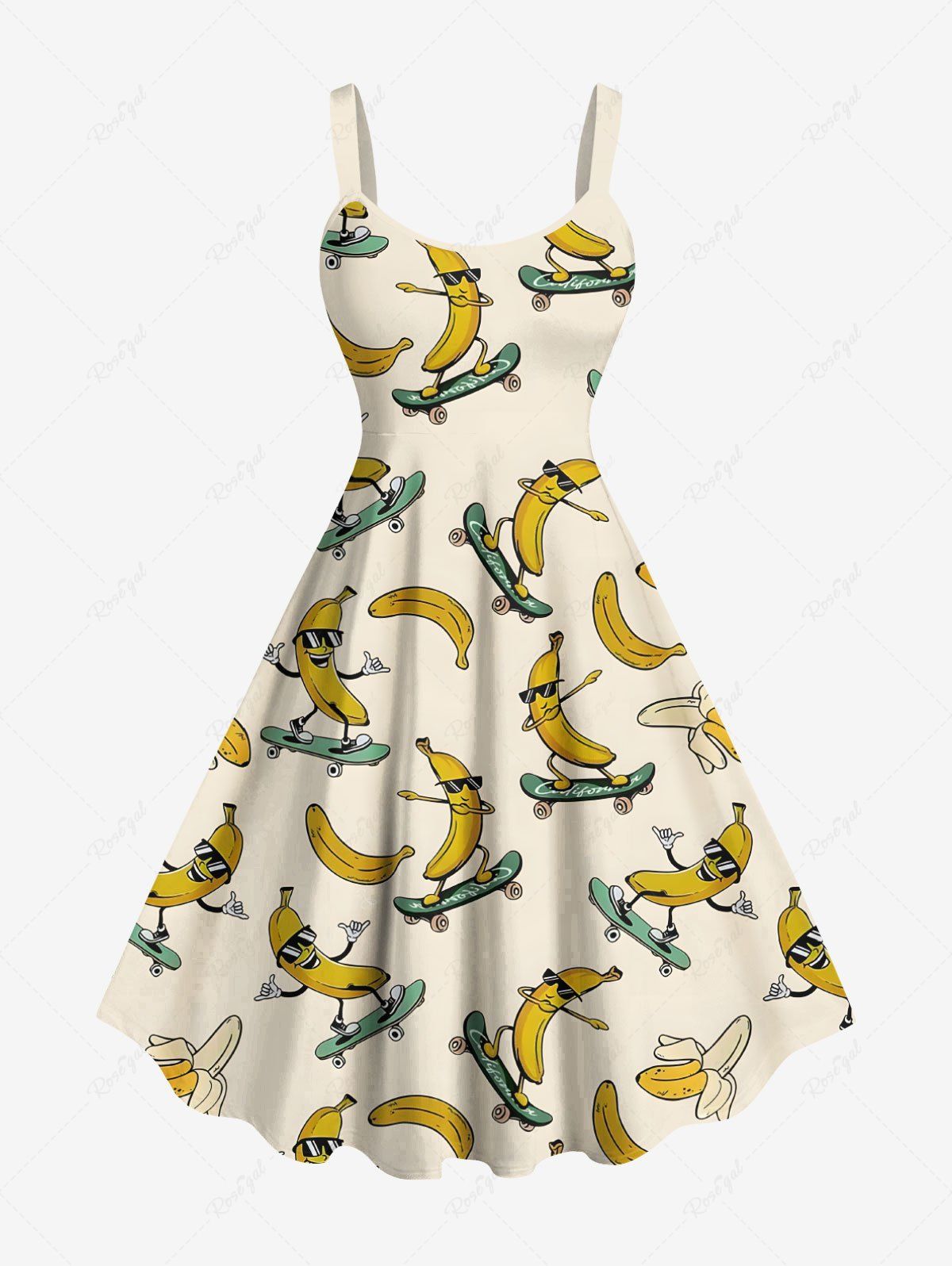 Robe débardeur hawaïenne grande taille à imprimé banane et skateboard Beige XXS