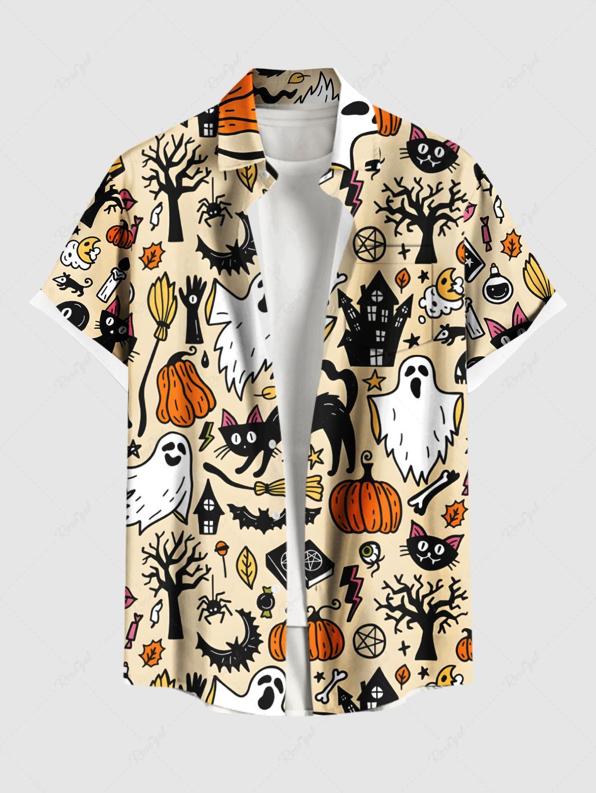 Chemise grande taille à boutons et poches pour homme, motif citrouille, fantôme, chauve-souris, arbre, chat, imprimé Halloween café lumière 3XL