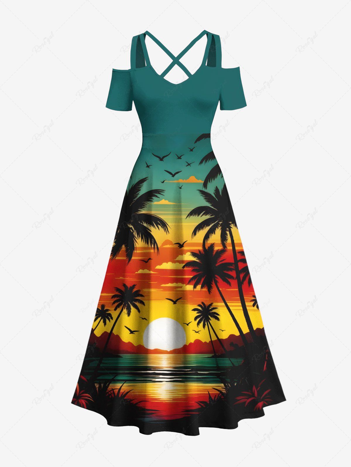 Online Plus Size Coconut Tree Sun Bird Seascape Cloud Print Cold Shoulder Crisscross Hawaii Maxi Dress  