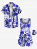 Ensemble chemise et barboteuse hawaïennes assorties, grande taille, tenue de plage, imprimé feuilles tropicales et hibiscus, pour couples - Bleu 