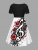 Robe trapèze cintrée hawaïenne grande taille à imprimé fleurs, feuilles et symboles musicaux - Noir 4X