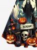 Plus Size Pumpkin Lantern Skull Wizard Ghost Bat Moon Print Halloween Button A Line Dress with Removable Belt -  