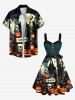 Plus Size Pumpkin Lantern Skull Wizard Ghost Bat Moon Print Halloween Button A Line Dress with Removable Belt -  