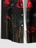 Plus Size Dark Style Rose Flower Print Button Pocket Shirt For Men -  