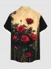 Plus Size Dark Style Rose Flower Print Button Pocket Shirt For Men -  