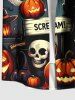 Plus Size Pumpkin Lantern Skull Wizard Ghost Bat Moon Print Halloween Button Pocket Shirt For Men -  