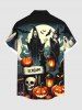 Plus Size Pumpkin Lantern Skull Wizard Ghost Bat Moon Print Halloween Button Pocket Shirt For Men -  