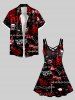 Plus Size Skull Chain Cat Heart Print Halloween Button Pocket Shirt For Men -  