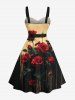 Plus Size Dark Style Rose Flower Print Button A Line Dress with Removable Belt -  