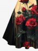 Plus Size Dark Style Rose Flower Print Button A Line Dress with Removable Belt -  