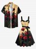 Plus Size Dark Style Rose Flower Print Button A Line Dress with Removable Belt -  