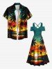 Robe longue hawaïenne grande taille à imprimé cocotier, soleil, oiseau, paysage marin, nuages, épaules dénudées, croisée - Vert profond L