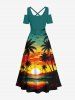Robe longue hawaïenne grande taille à imprimé cocotier, soleil, oiseau, paysage marin, nuages, épaules dénudées, croisée - Vert profond L