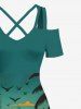 Robe longue hawaïenne grande taille à imprimé cocotier, soleil, oiseau, paysage marin, nuages, épaules dénudées, croisée - Vert profond L