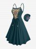 Plus Size Flowers Leaf Print Lace Up Pocket Textured Cami Dress -  
