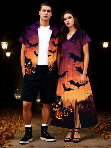 Halloween Pumpkin Bat Ombre Galaxy Print Plus Size Matching Outfit For Couples - ORANGE