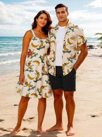 Skateboard Rock Banana Print Plus Size Matching Hawaii Beach Outfit For Couples