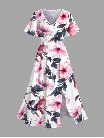 Plus Size Flowers Leaf Print Split Hawaii Midi Dress - LIGHT PINK - 2X
