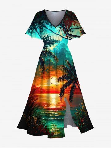 Plus Size Coconut Tree Cloud Sun Seascape Print Split Hawaii Midi Dress - DEEP GREEN - S