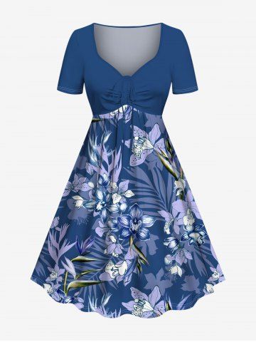 Plus Size Flowers Tropical Leaf Print Cinched Hawaii Dress - DEEP BLUE - XXS