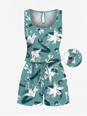 Plus Size Flowers Graffiti Print Cinched Hawaii Romper - GREEN - XXS