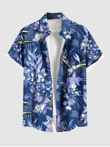 Plus Size Flowers Tropical Leaf Print Buttons Pocket Hawaii Shirt For Men - BLUE - 4XL