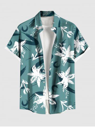 Plus Size Flowers Graffiti Print Buttons Pocket Hawaii Shirt For Men - GREEN - 4XL