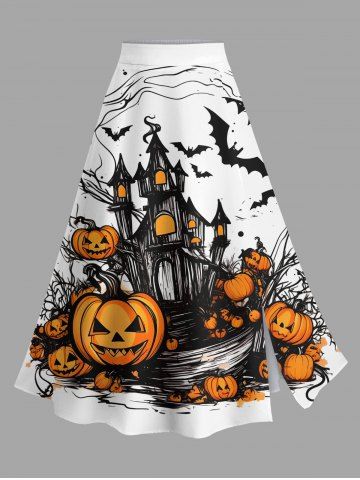 Plus Size Halloween Pumpkin Bat Castle Print Split Skirt - WHITE - 6X