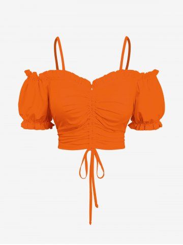 Plus Size Cinched Ruched Ruffles Cold Shoulder Cami Top - ORANGE - L