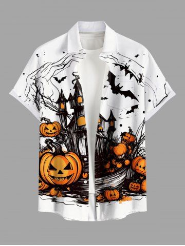 Plus Size Halloween Pumpkin Bat Castle Print Buttons Pocket Shirt For Men - WHITE - 6XL